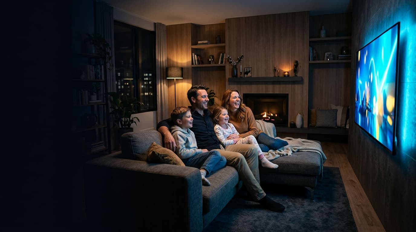 TereaTV 4K Ultra HD IPTV Streaming Platform TereaTV Premium 4K IPTV Streaming — Happy Family Watching TV Together with 50,000+ Channels